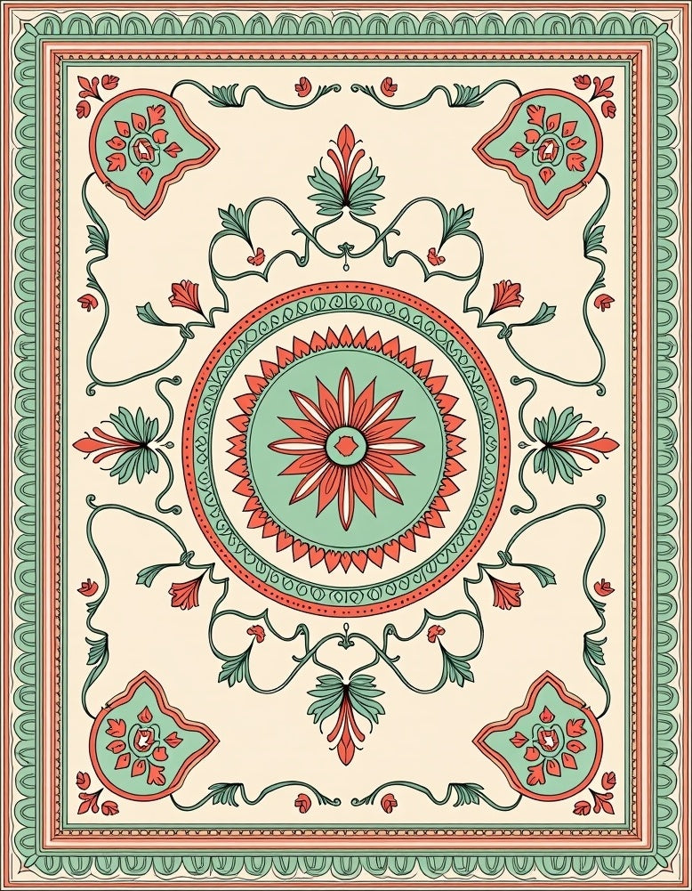 Pale Floral Medallion Border Pattern Rug