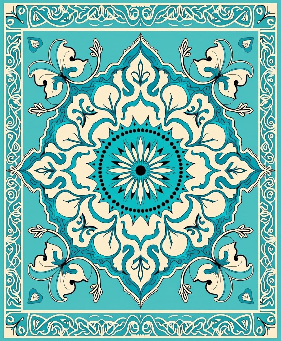 Turquoise Cream Floral Mandala Pattern Rug