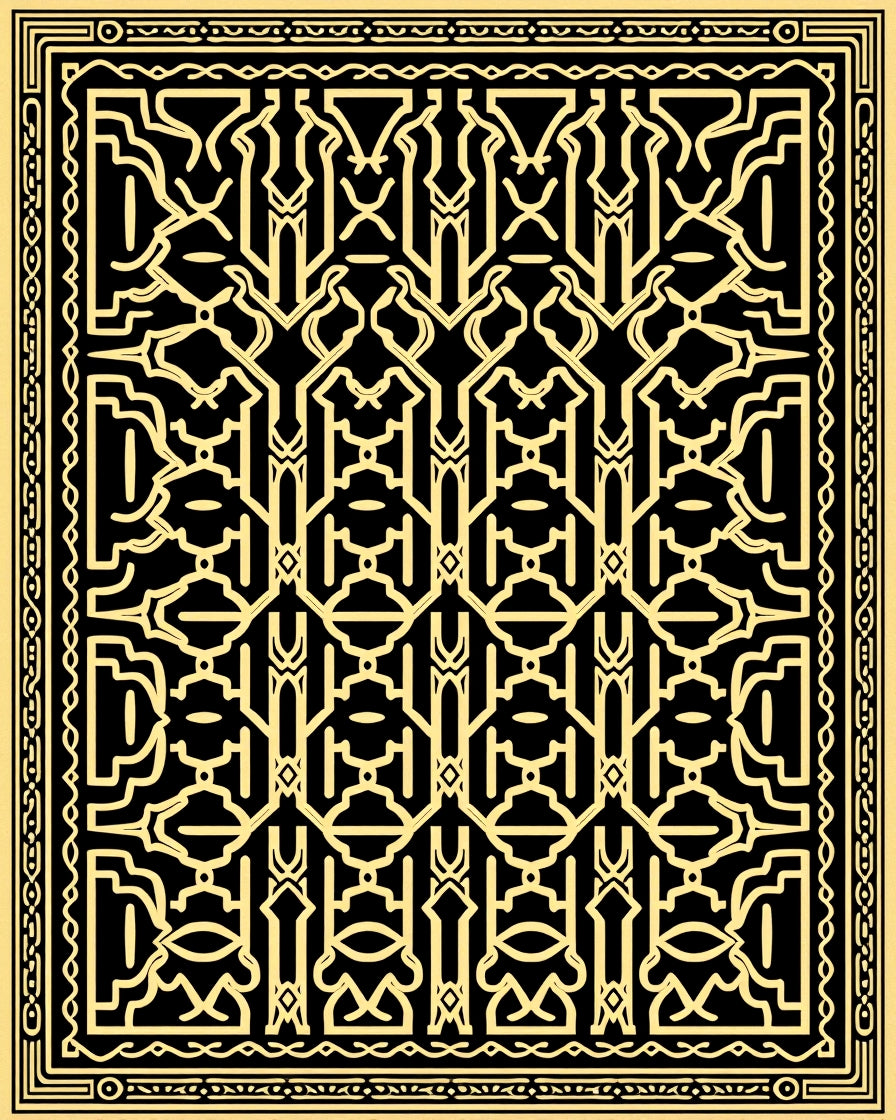 Intricate Black Gold Geometric Motif Rug