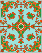 Aqua Orange Green Floral Scroll Rug