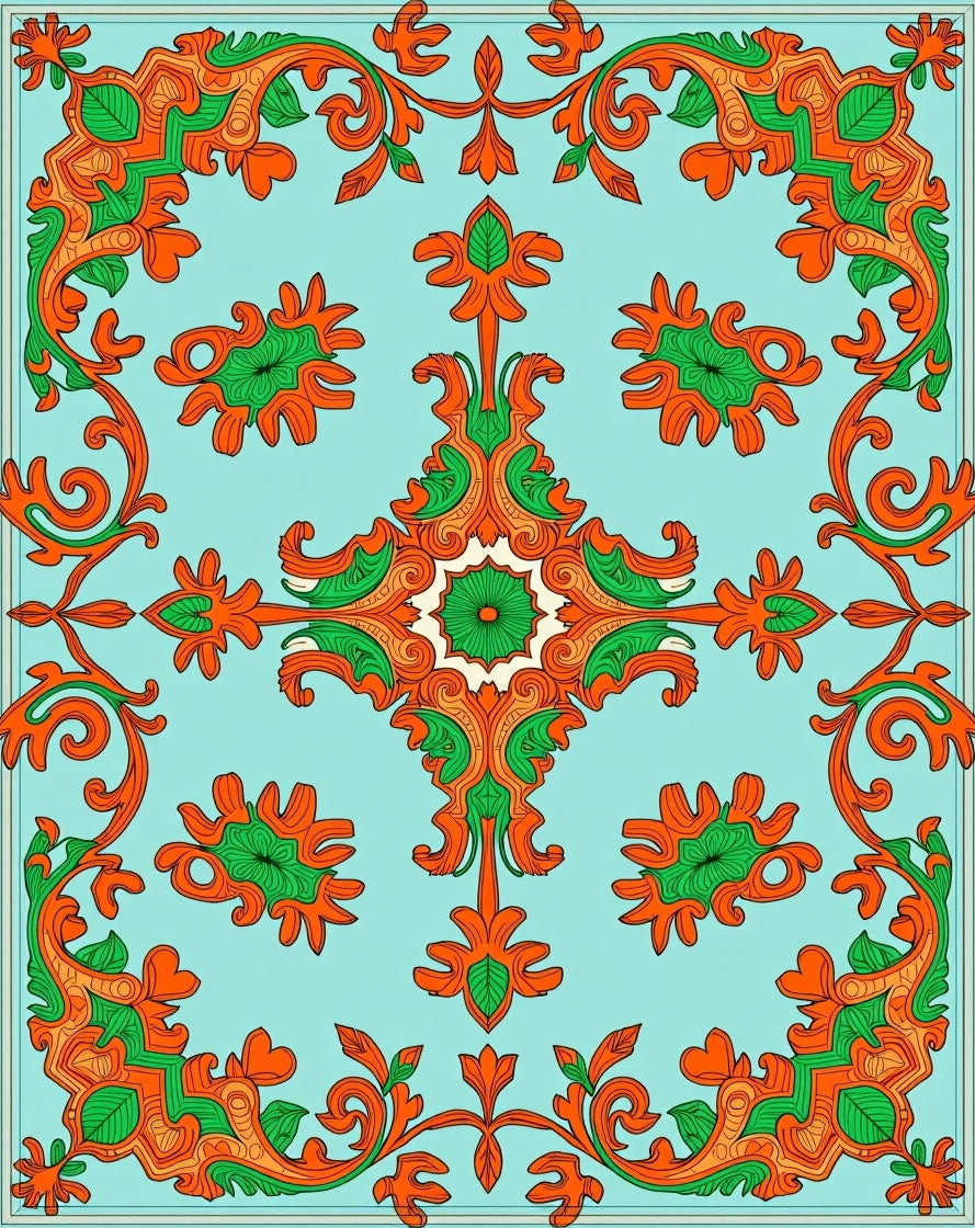 Aqua Orange Green Floral Scroll Rug