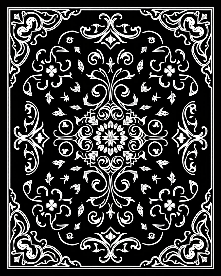 Ornate Black And White Floral Pattern Rug