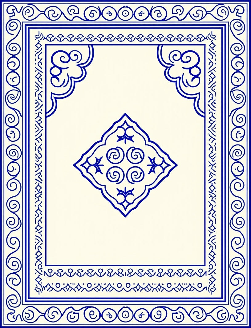 Ornate Blue Cream Medallion Border Rug
