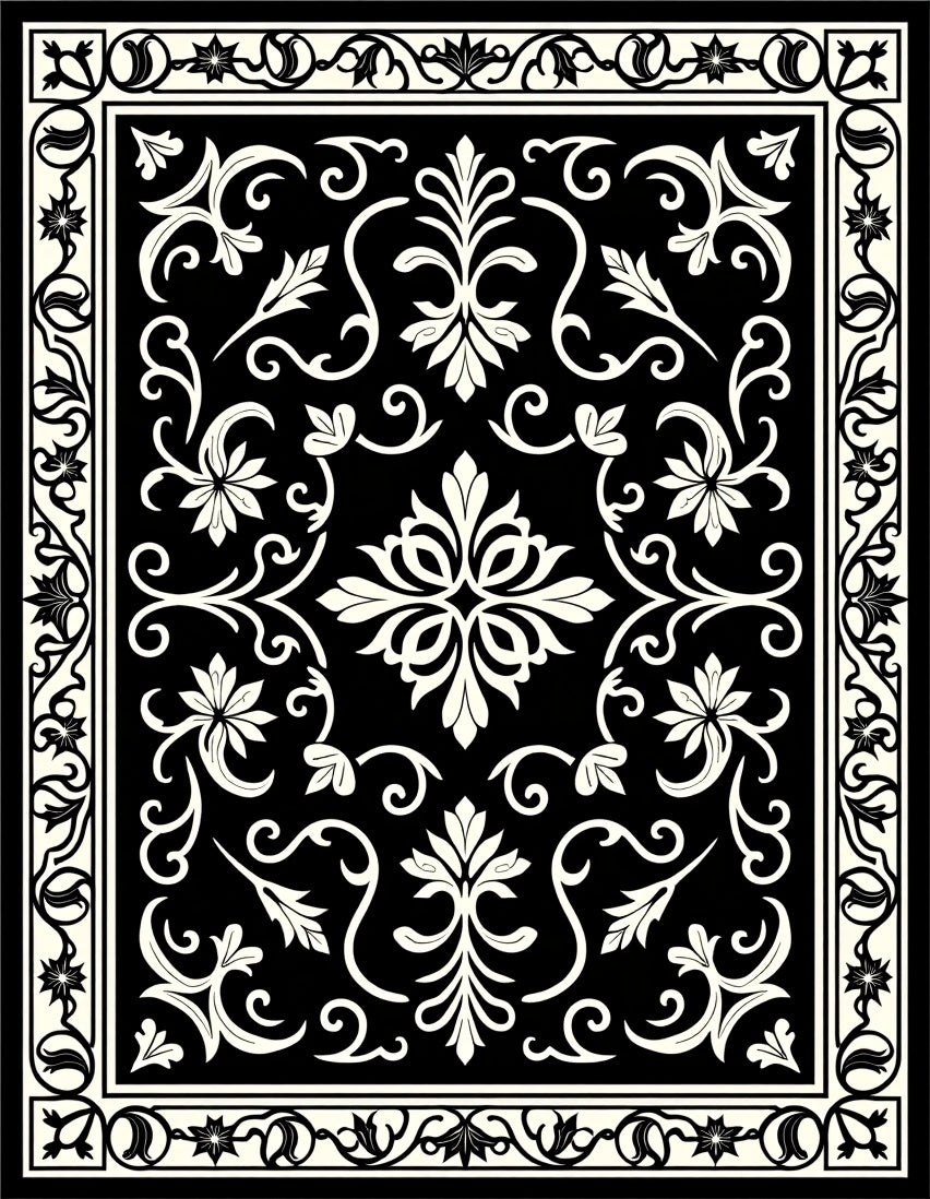 Classic Floral Scrollwork Black White Rug