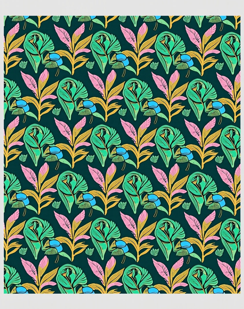 Tropical Green Pink Yellow Foliage Repeat Rug
