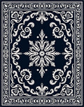 Dark Blue White Ornate Scroll Rug