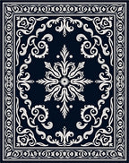 Dark Blue White Ornate Scroll Rug
