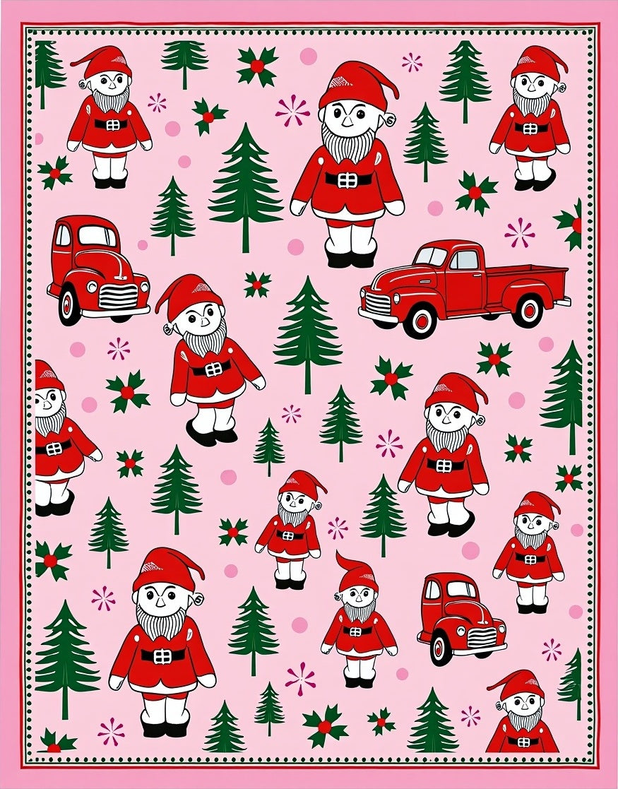 Whimsical Red Gnomes Christmas Trees Trucks Rug