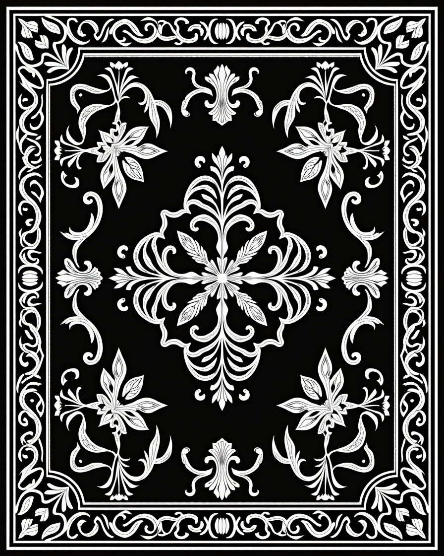 Classic Black White Floral Scroll Design Rug