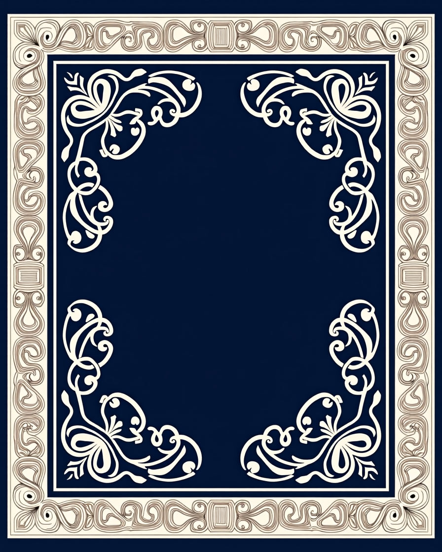 Ornate Navy Blue Floral Frame Design Rug