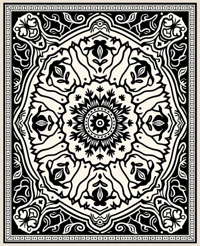 Intricate Black White Mandala Pattern Rug
