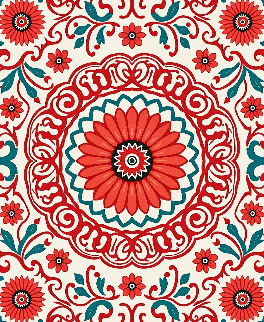 Red Teal Floral Medallion Pattern Rug