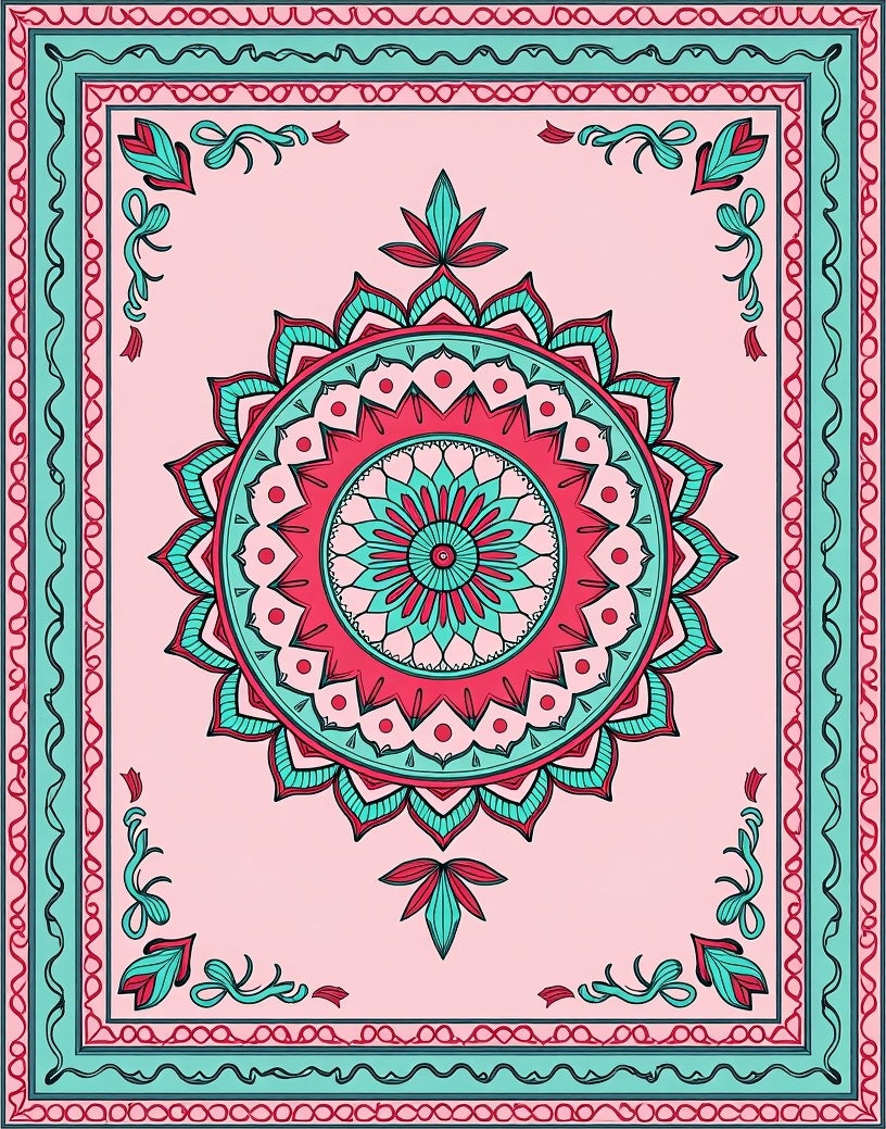 Pink Teal Mandala Inspired Floral Pattern Rug