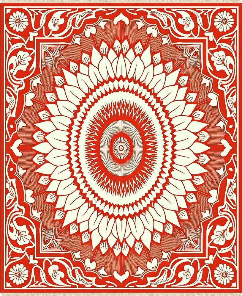 Intricate Red Floral Sunburst Motif Rug