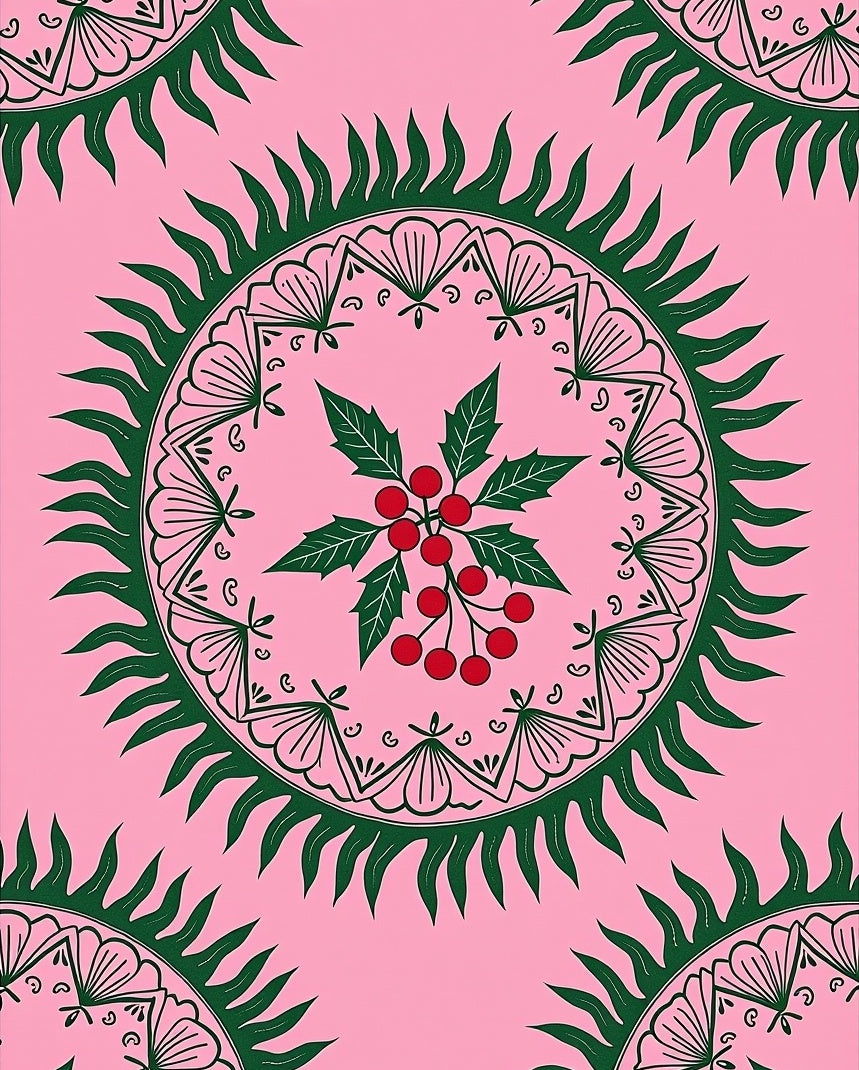 Pink Teal Leaf Mandala Pattern Rug