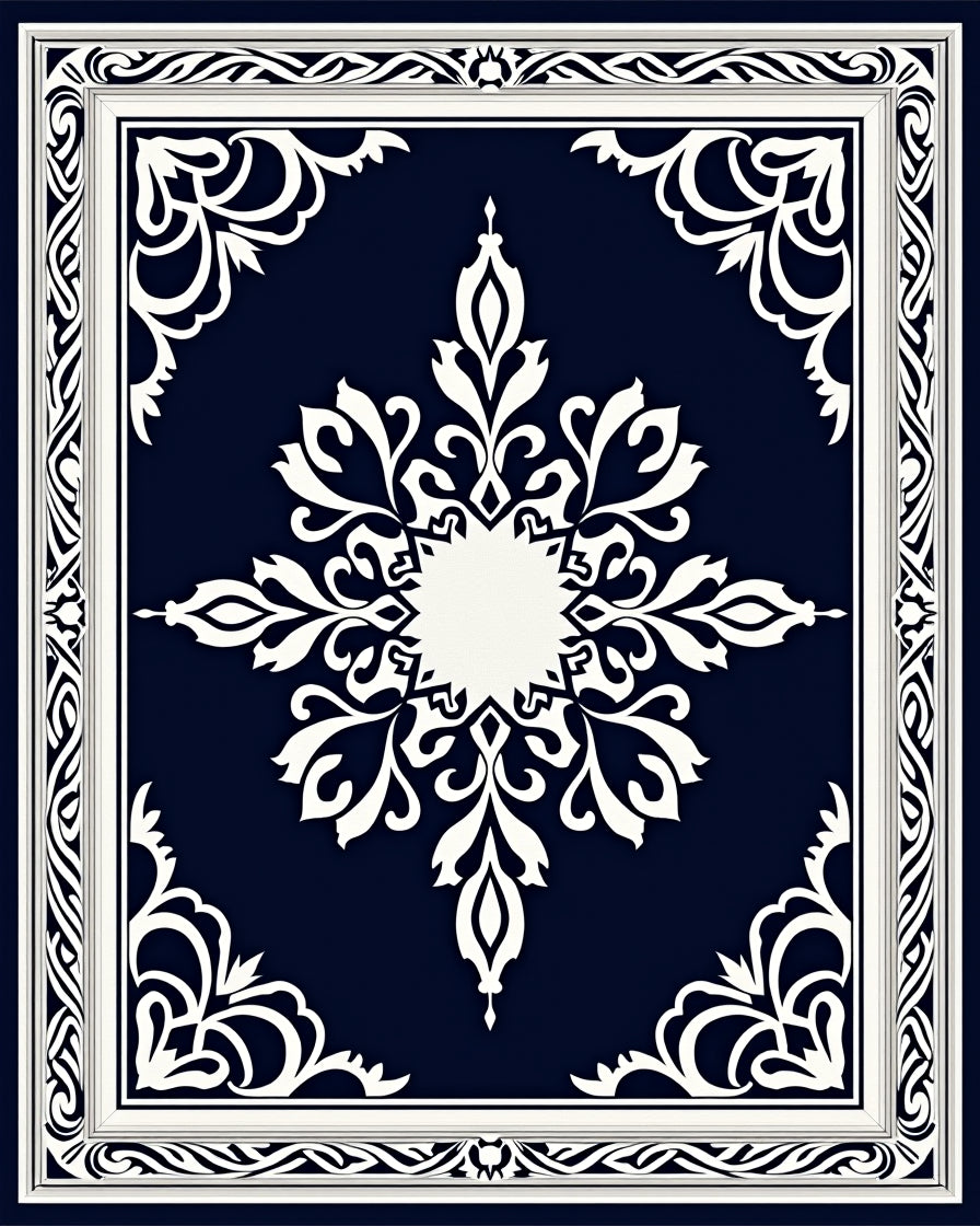 Elegant White Floral Dark Blue Rug