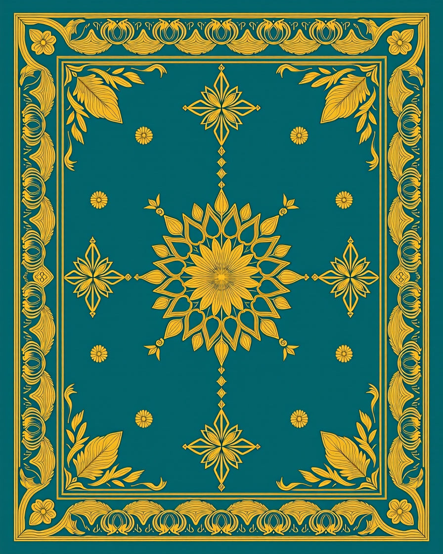 Ornate Teal Gold Floral Medallion Rug