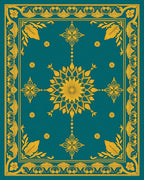 Ornate Teal Gold Floral Medallion Rug