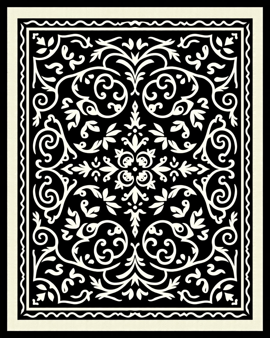 Classic Floral Scrollwork Black Ivory Rug