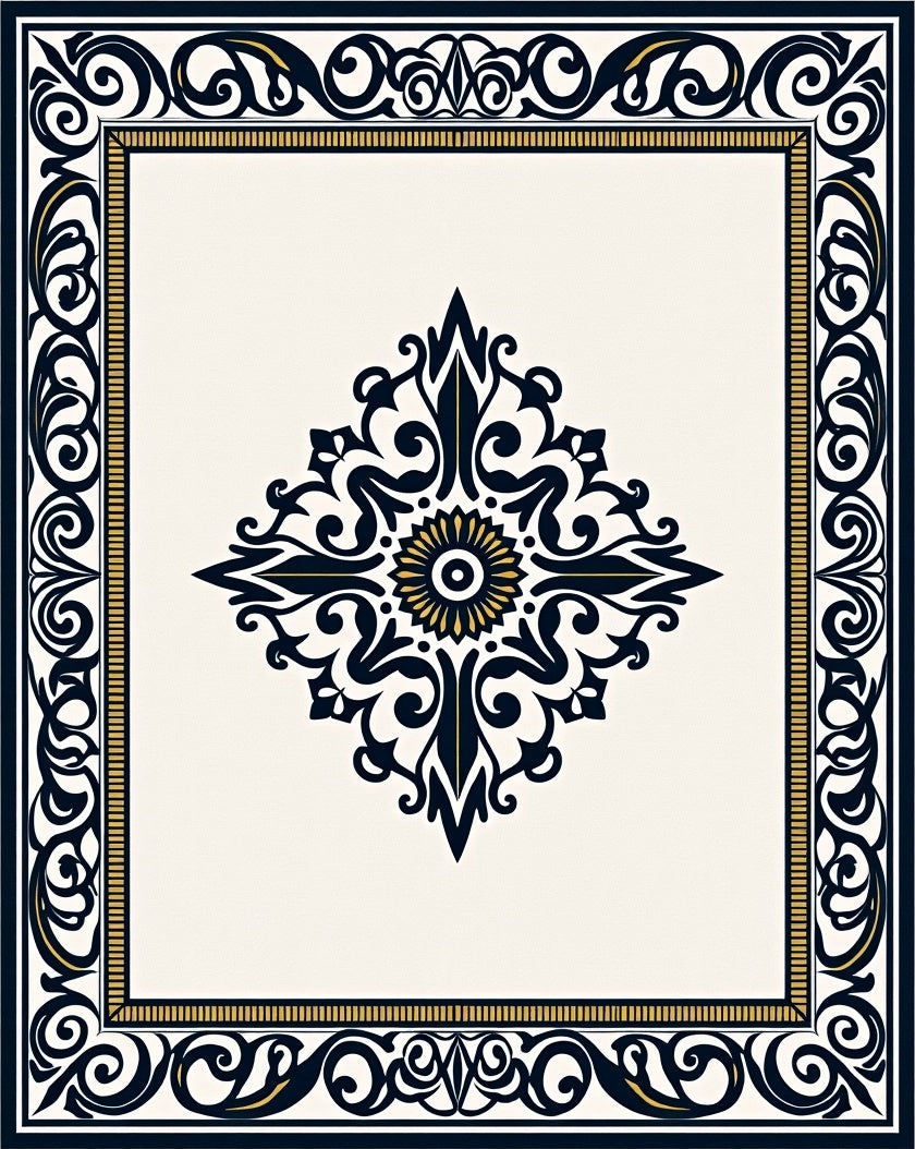 Ornate Floral Scrollwork Navy Gold Rug