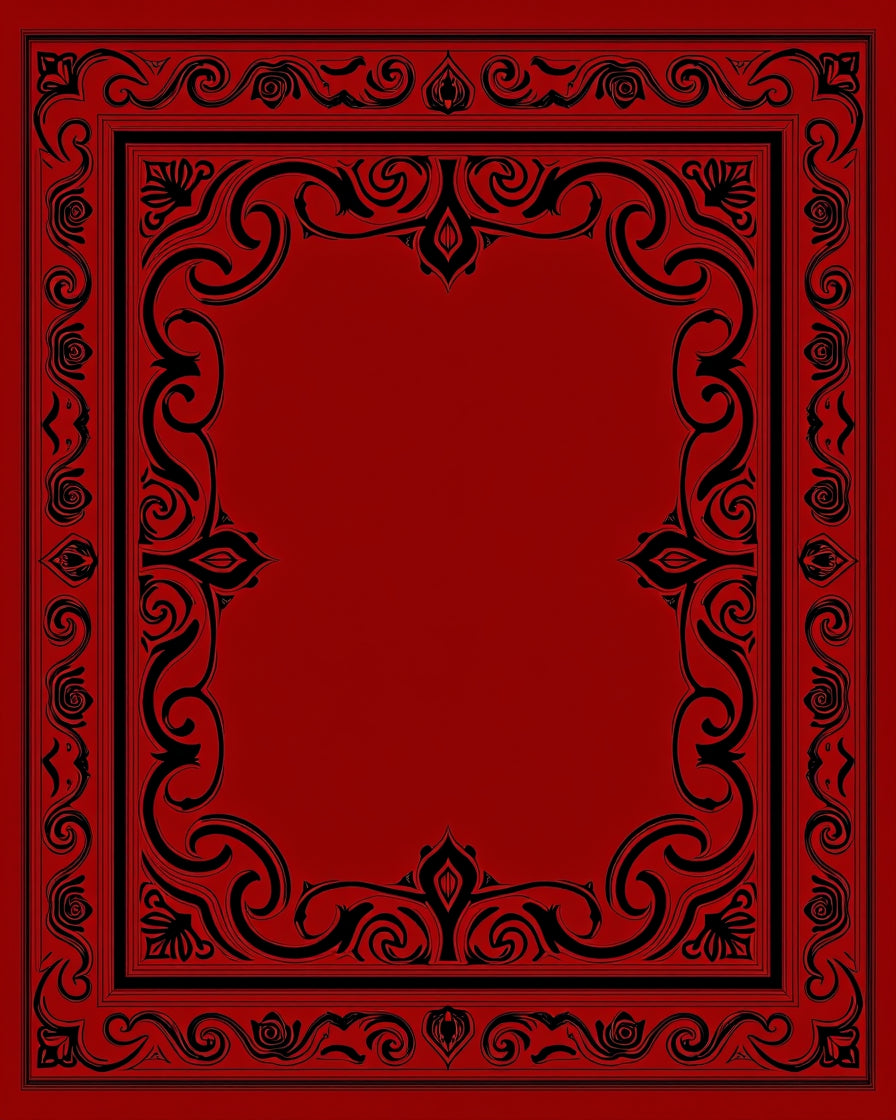 Ornate Black Scrollwork Red Rug