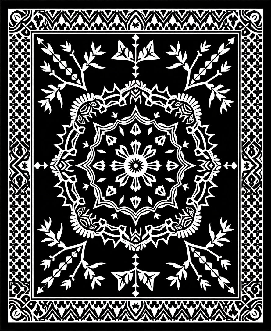 Bold Black White Medallion Floral Rug