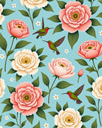 Floral Hummingbird Patterned Aqua Rug