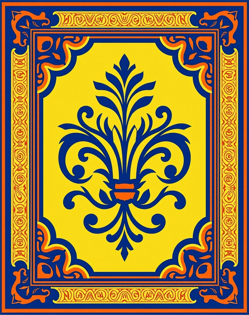 Yellow Blue Orange Floral Inlay Rug