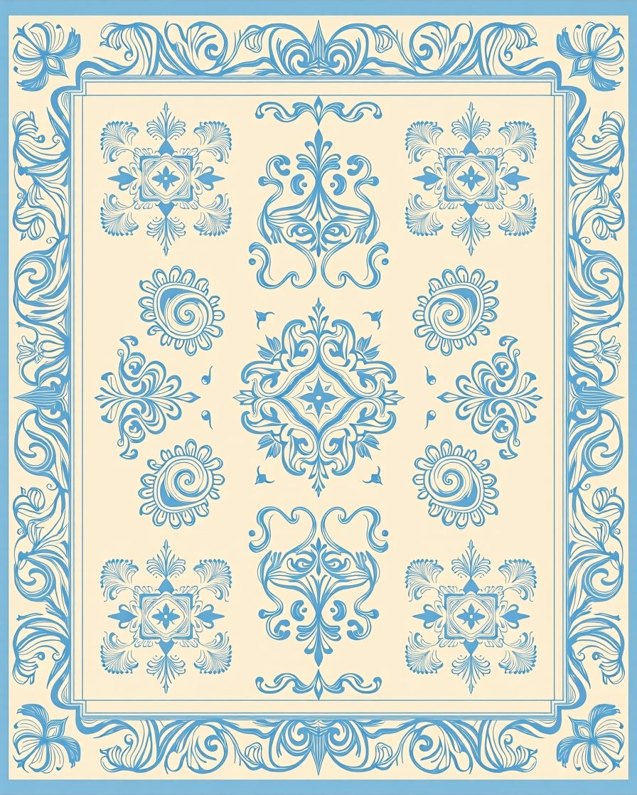 Light Blue Ornamental Scrollwork Medallion Rug