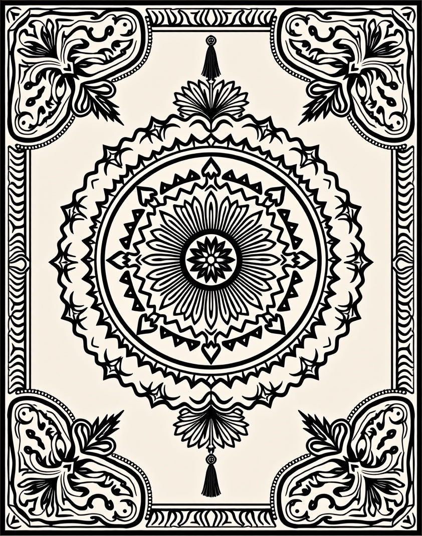 Ornate Black Cream Floral Medallion Rug