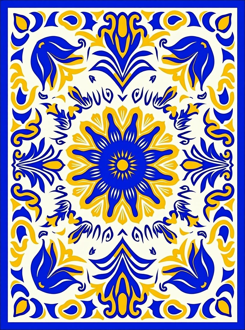Bold Blue and Yellow Floral Medallion Rug
