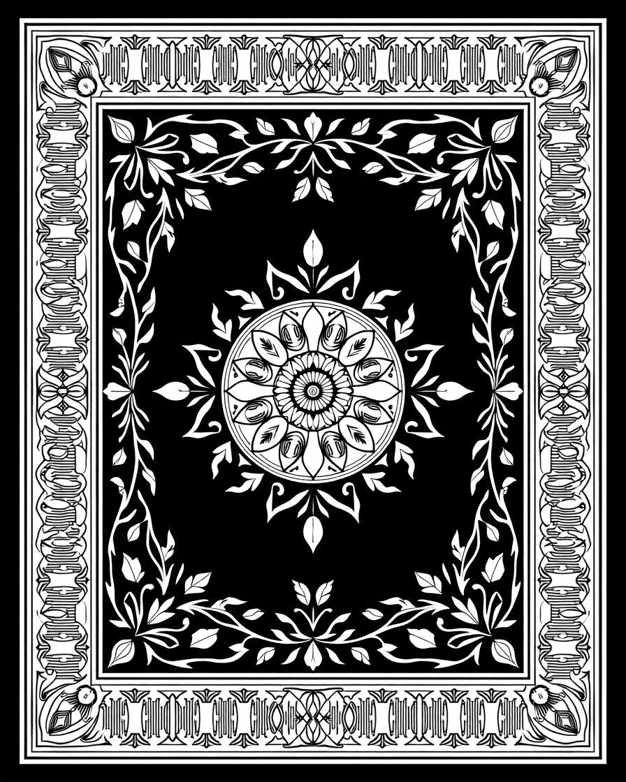 Ornate Floral Medallion Black White Rug