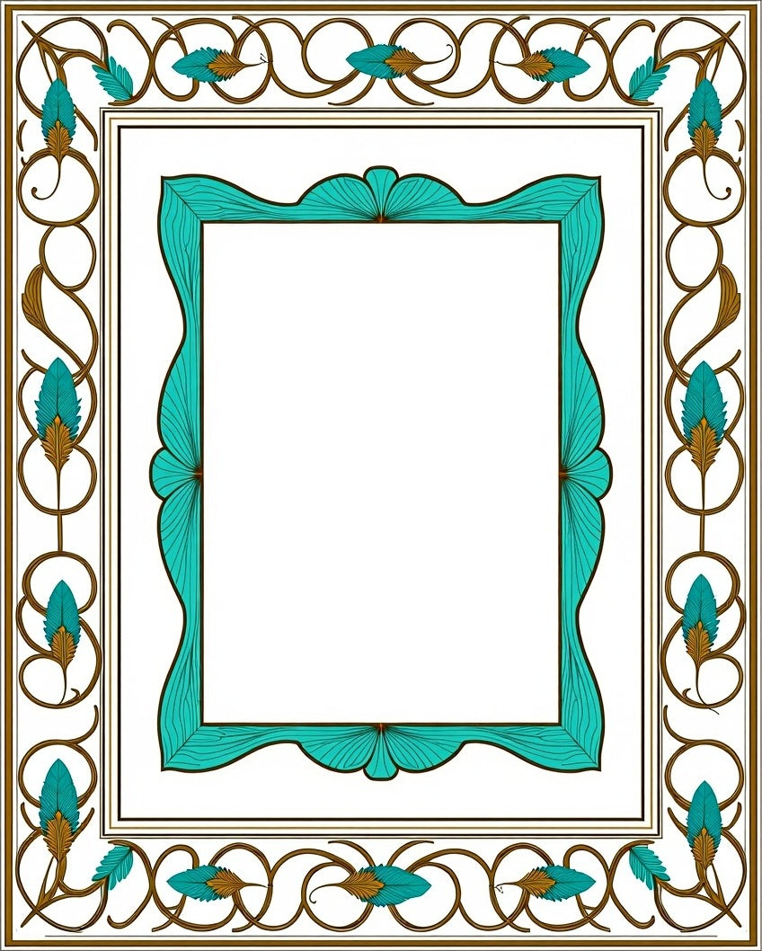 Ornate Teal and Gold Feather Border Rug