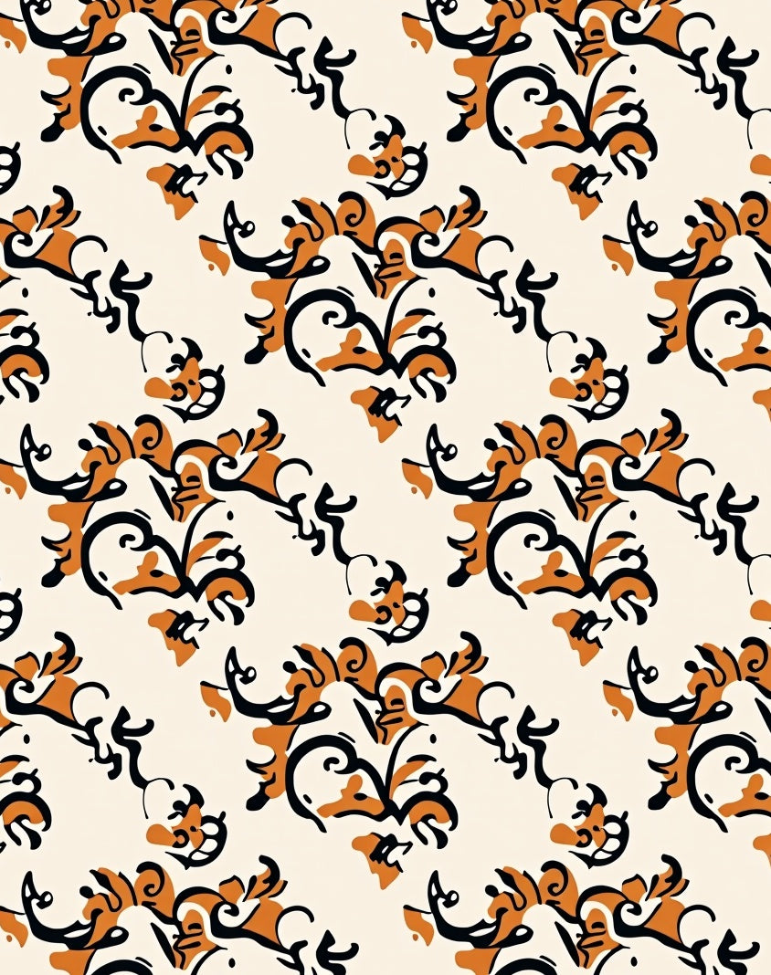 Elegant Orange Black Flourish Pattern Rug