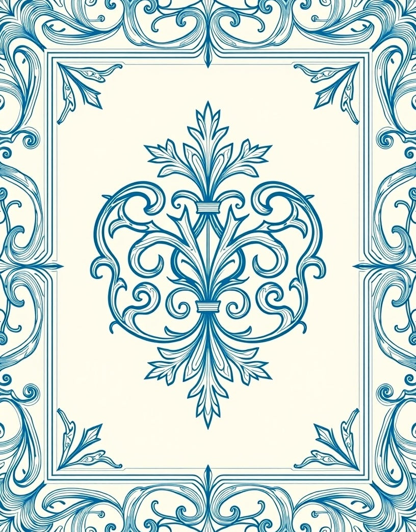 Intricate Blue Scrollwork Floral Pattern Rug
