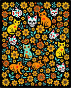 Whimsical Floral Skull Cat Pattern Rug