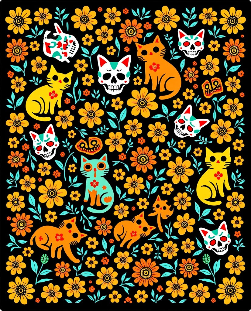 Whimsical Floral Skull Cat Pattern Rug
