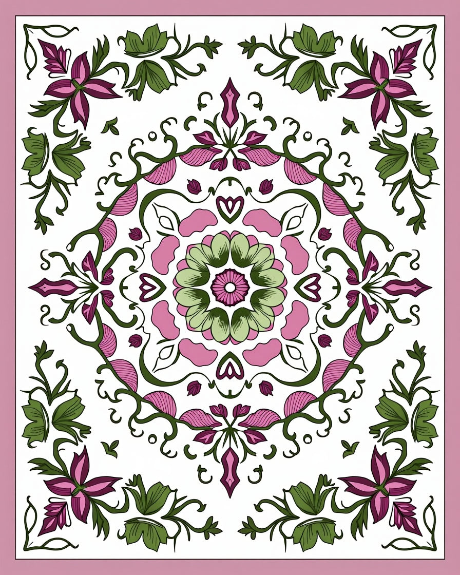 Floral Mandala With Pink And Green Accents Rug