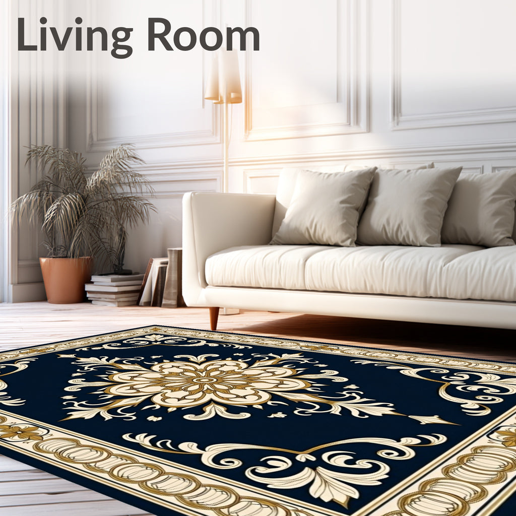 Deep Blue Gold Floral Medallion Design Rug