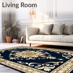 Deep Blue Gold Floral Medallion Design Rug
