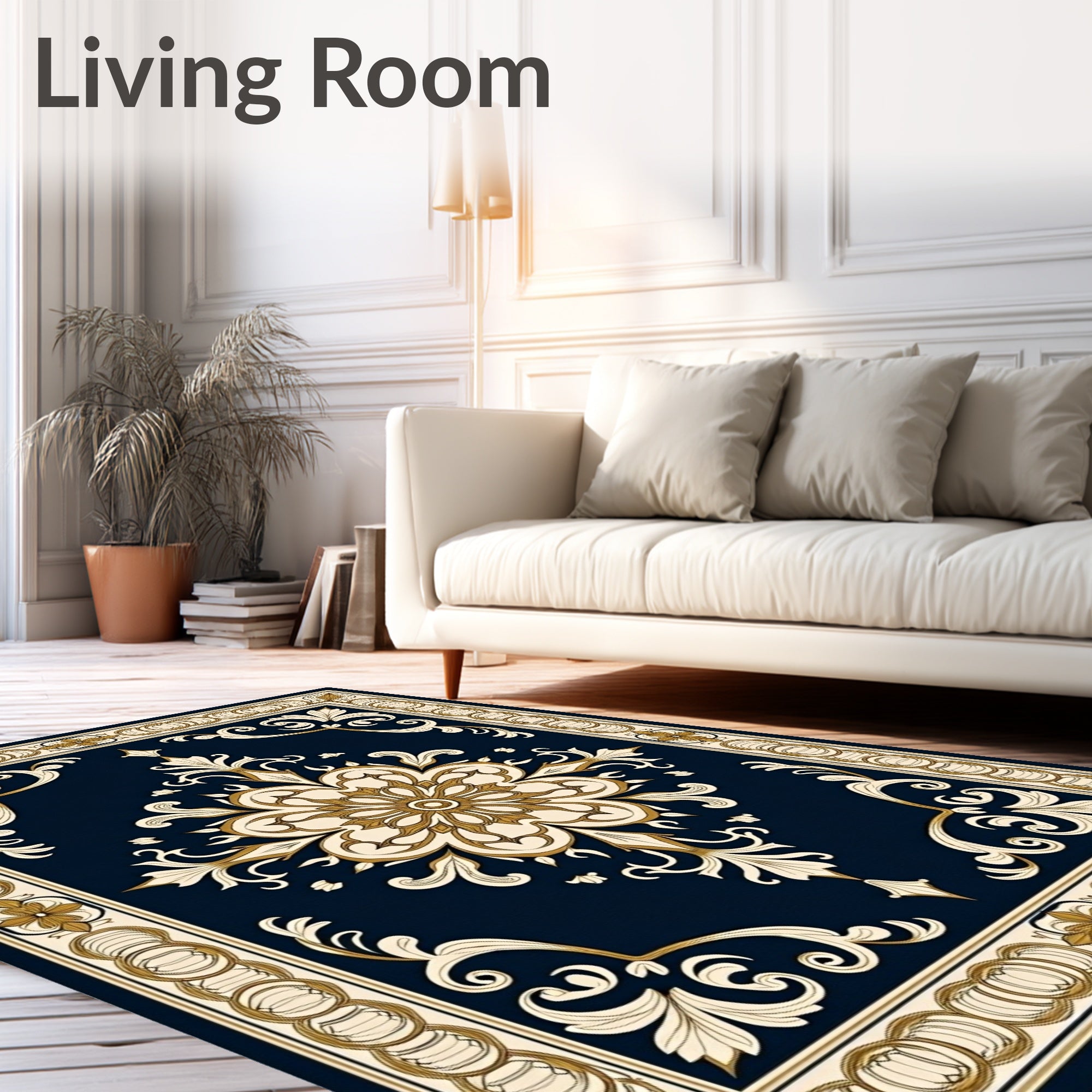 Deep Blue Gold Floral Medallion Design Rug