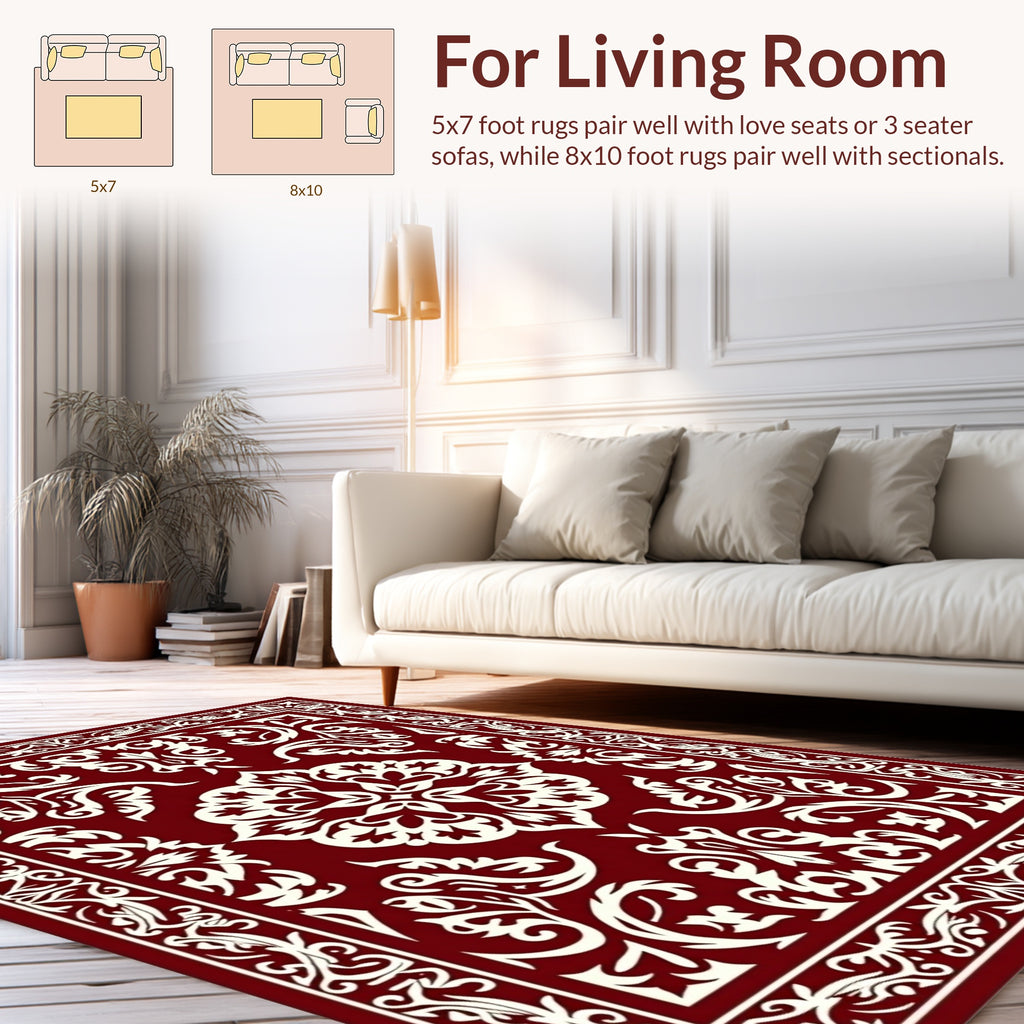 Rich Crimson and Cream Damask Rug