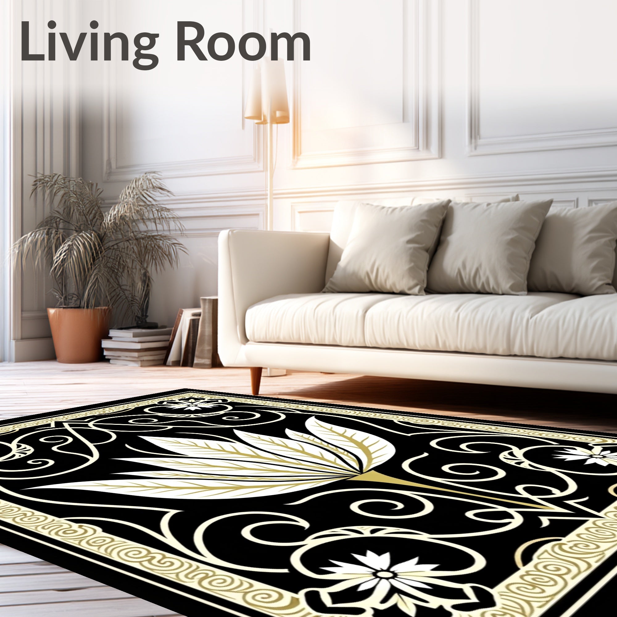 Ornate Gilded Floral Scrollwork Design Rug