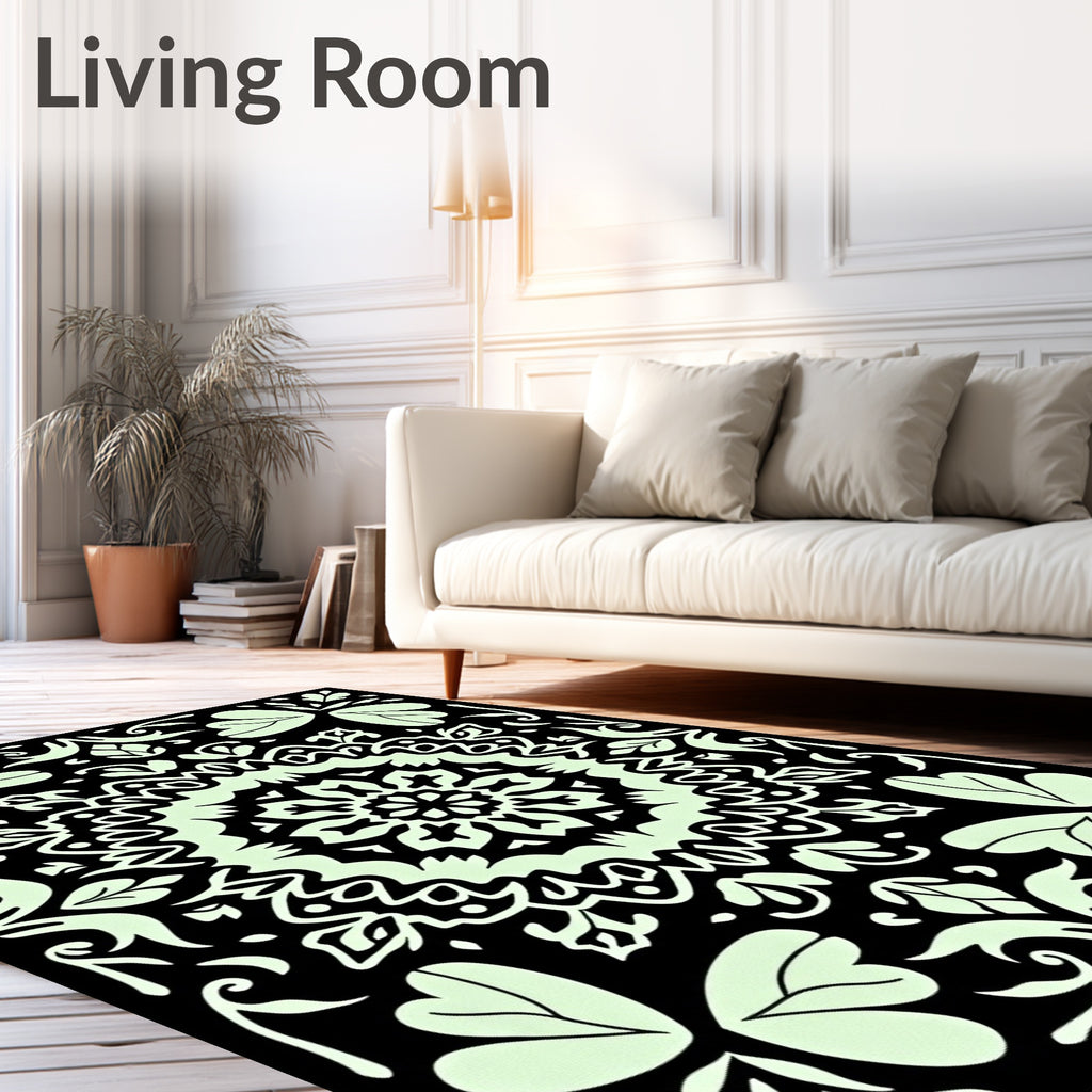 Intricate Floral Mandala Black and Light Green Rug