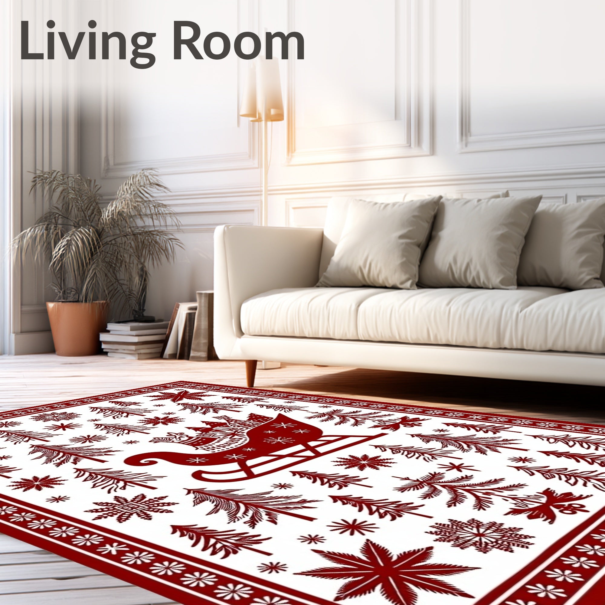 Crimson Sleigh Fir Tree Snowfall Border Rug