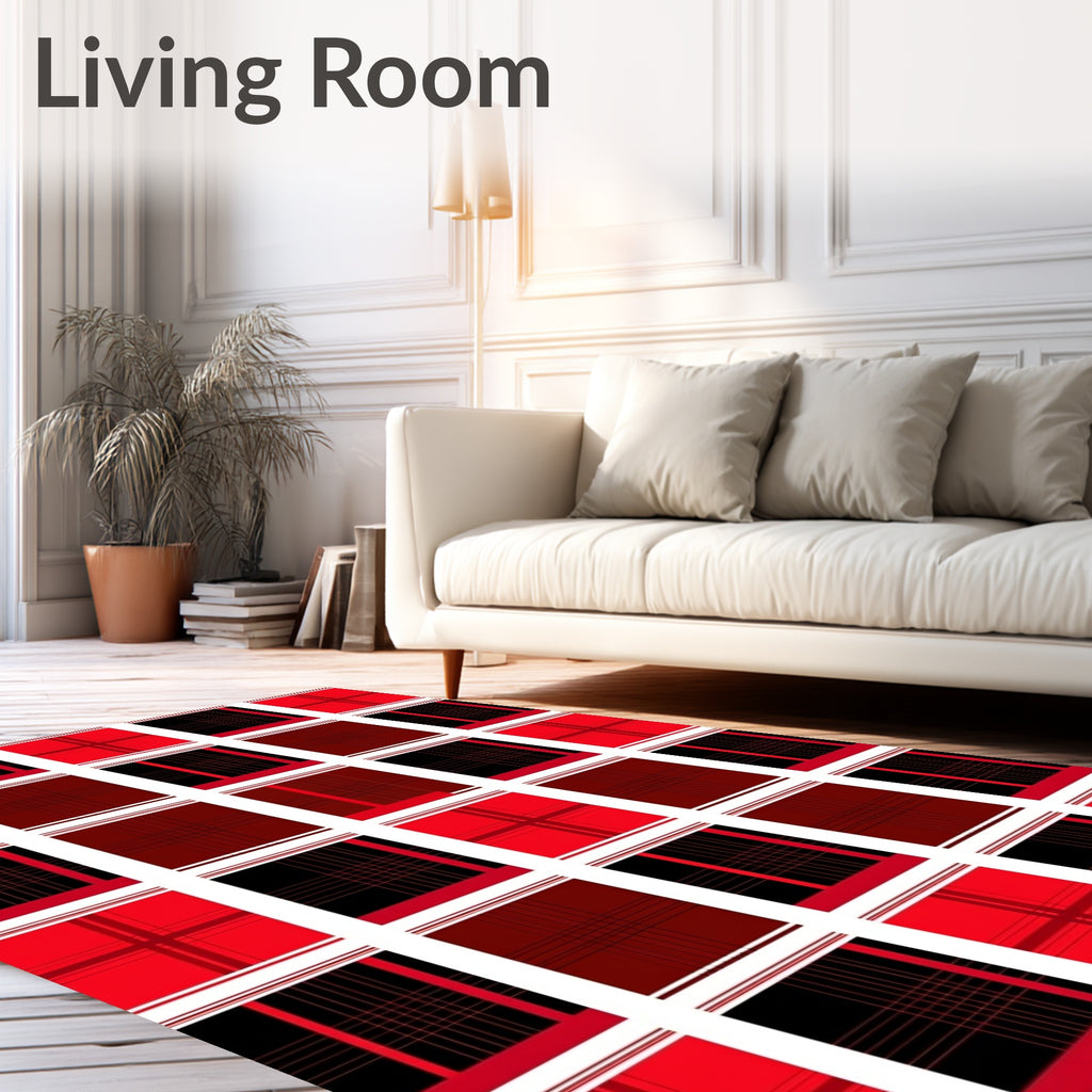 Bold Red Black Plaid Squares Rug