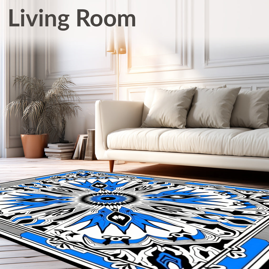 Intricate Blue And White Geometric Design Rug