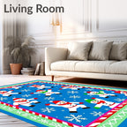 Joyful Snowmen Snowflake Winter Blue Background Rug