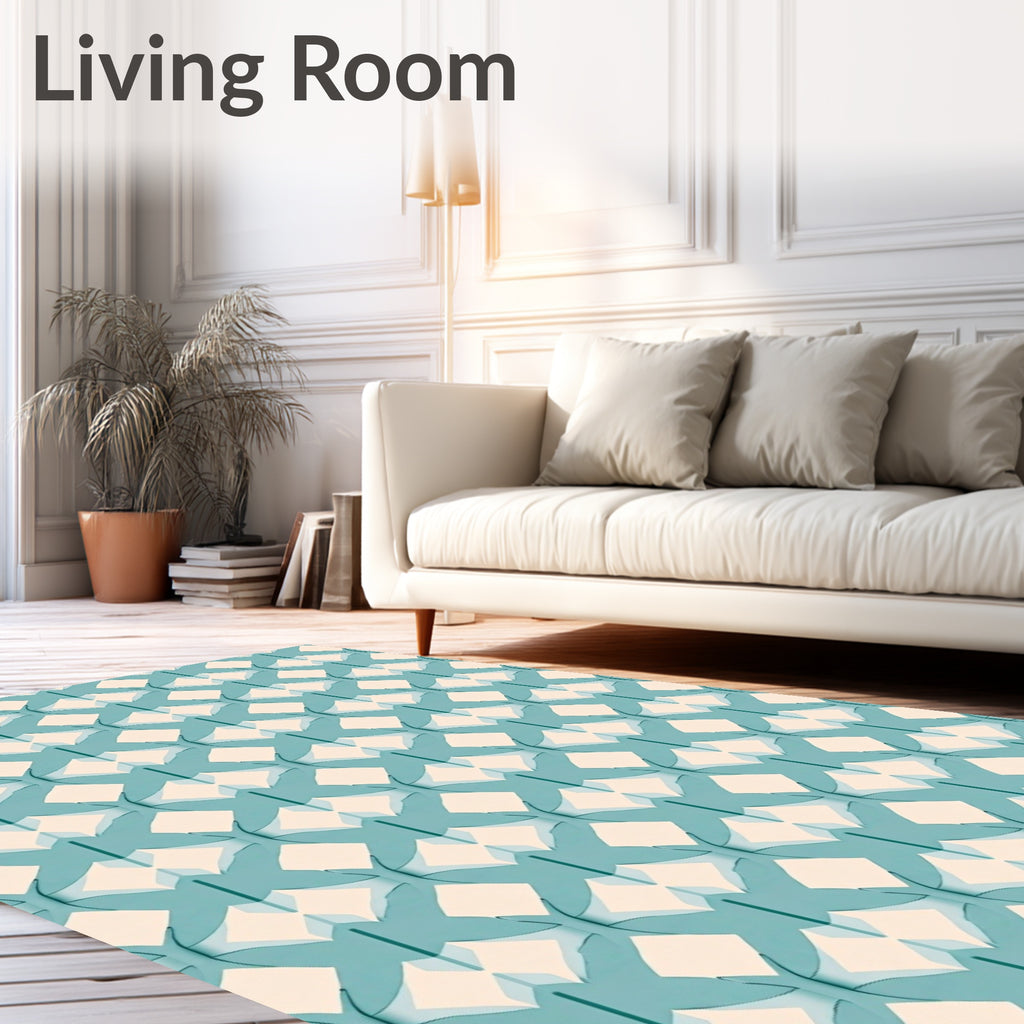 Teal Cream Geometric Interlocking Pattern Rug