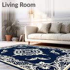 Elegant Ivory Scrollwork Navy Rug